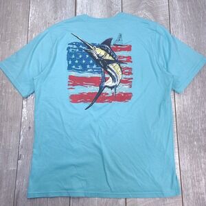 Huk T-Shirt Mens XL Blue Marlin American Flag Graphic Short Sleeve Tee